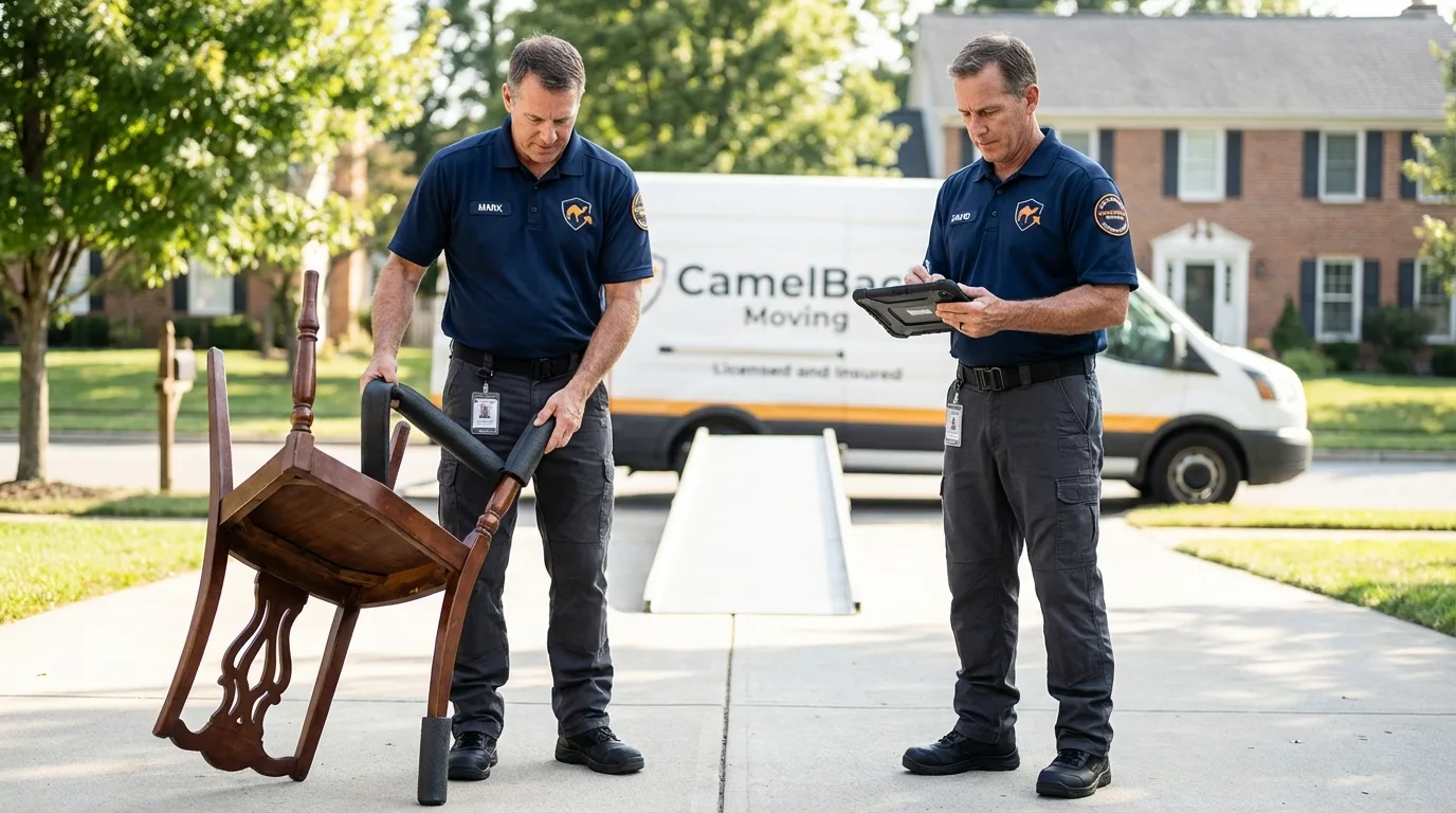 Movers inspecting furniture for damage prevention before loading in Absarokee, MT
